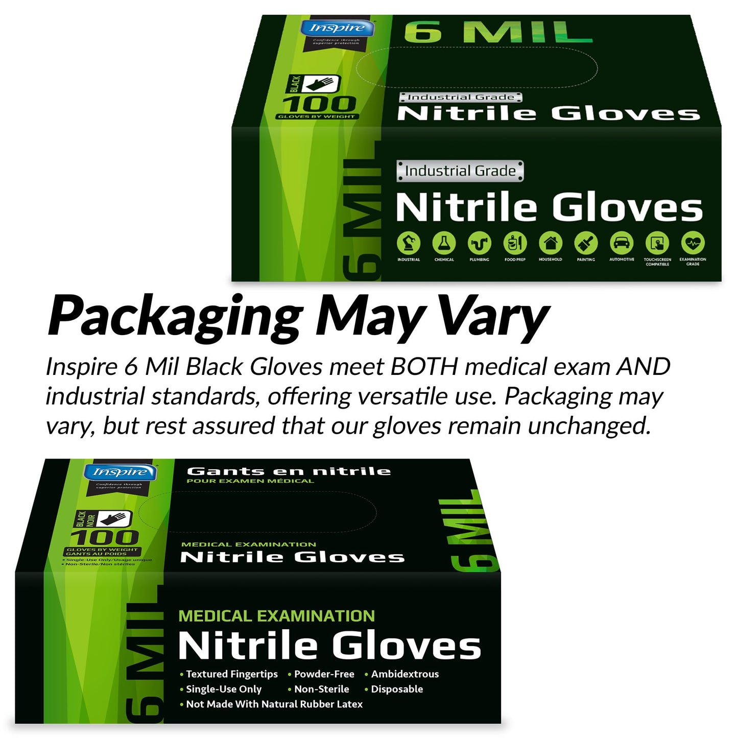 Inspire Black Nitrile Gloves HEAVY DUTY 6 Mil Nitrile Chemical Resistant Medical Cooking Cleaning Disposable Black Gloves