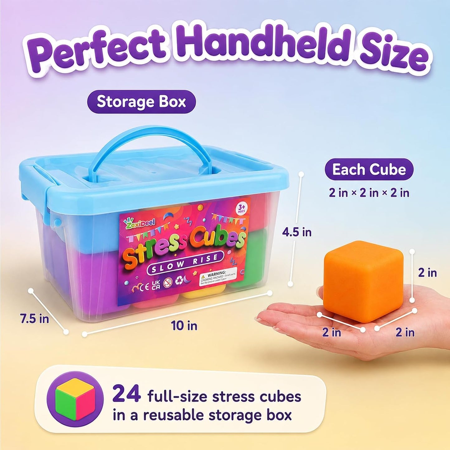 24 Pack Slow Rising Stress Cube, Large Size Dough Stress Balls Fidget Toys for Stress Relief, Pull Stretch Fidgets for Classroom Prize Box Toys, Classroom Reward for Student