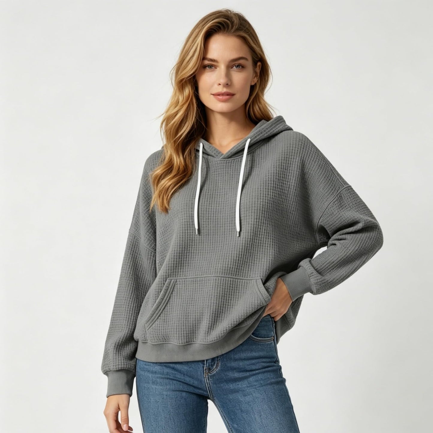 Women Casual Waffle Grid Textured Pullover Hoodie Contrast Drawstring Pocket Loose Long Sleeve Sweatshirts