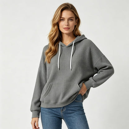 Women Casual Waffle Grid Textured Pullover Hoodie Contrast Drawstring Pocket Loose Long Sleeve Sweatshirts