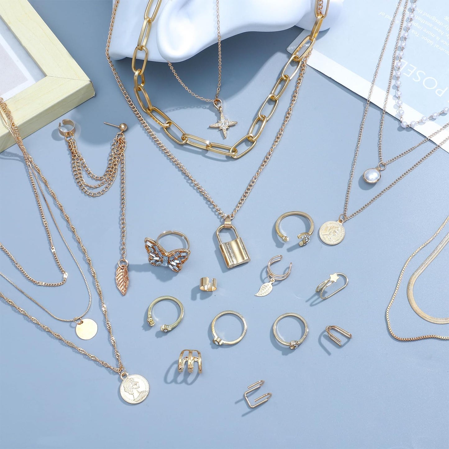 NEWITIN 69 Pieces Gold Jewelry Set for Women Fashion Costume Jewelry Gold Plated Necklace Bracelet Earrings Set for Women