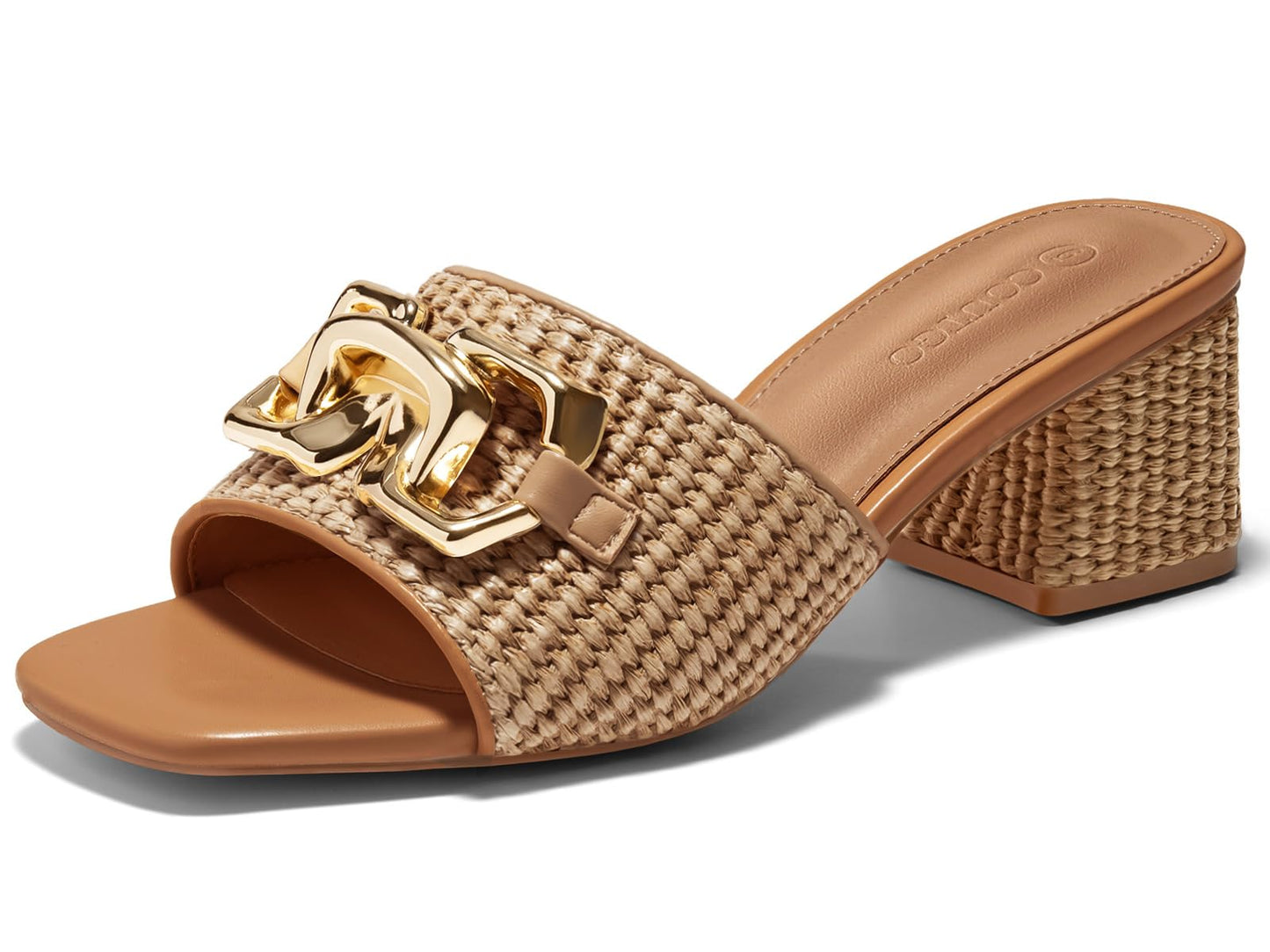 Coutgo Womens Raffia Slide Sandals Chunky Block Heeled Square Open Toe Metal Chain Slip on Mules Dressy Shoes