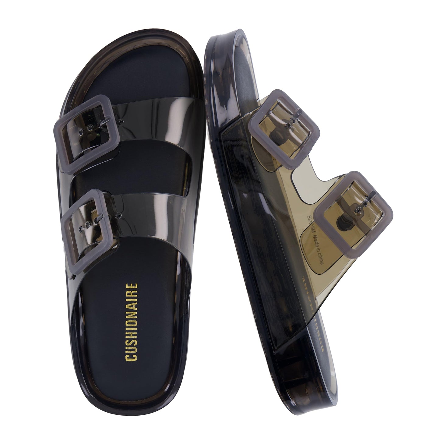 CUSHIONAIRE Pool Slides for Women Water Resistant Double Buckle Adjustable Slip-On Womens Sandals for Beach Shower Casual Wear