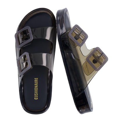 CUSHIONAIRE Pool Slides for Women Water Resistant Double Buckle Adjustable Slip-On Womens Sandals for Beach Shower Casual Wear