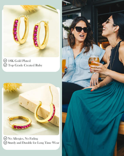 14K Gold Plated/925 Sterling Silver Birthstone Hoop Earrings for Women | 18mm Created Gemstone Hoops,Hypoallergenic and Lightweight,Birthday Mother's Day Jewelry(with Gift Box)