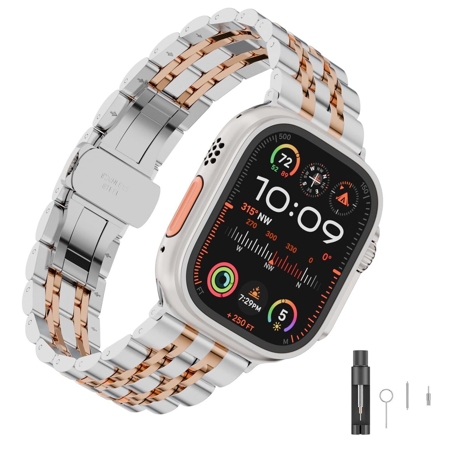 Seven Band Solid Stainless Steel for Apple Watch for Women | Compatible with Apple Watch Band 42mm/41mm/40mm/38mm, Metal Strap for Iwatch Series 11-1/SE 1-3 Women and Men, Gold Silver.
