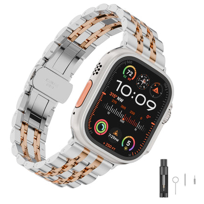 Seven Band Solid Stainless Steel for Apple Watch for Women | Compatible with Apple Watch Band 42mm/41mm/40mm/38mm, Metal Strap for Iwatch Series 11-1/SE 1-3 Women and Men, Gold Silver.