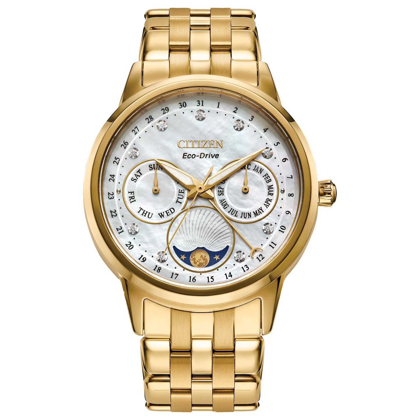 Citizen Women's Eco-Drive Calendrier, Moon Phase Diamond Accents Dial, Stainless Case and Bracelet Watch, Month/Day/Date