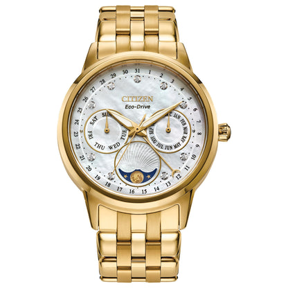 Citizen Women's Eco-Drive Calendrier, Moon Phase Diamond Accents Dial, Stainless Case and Bracelet Watch, Month/Day/Date