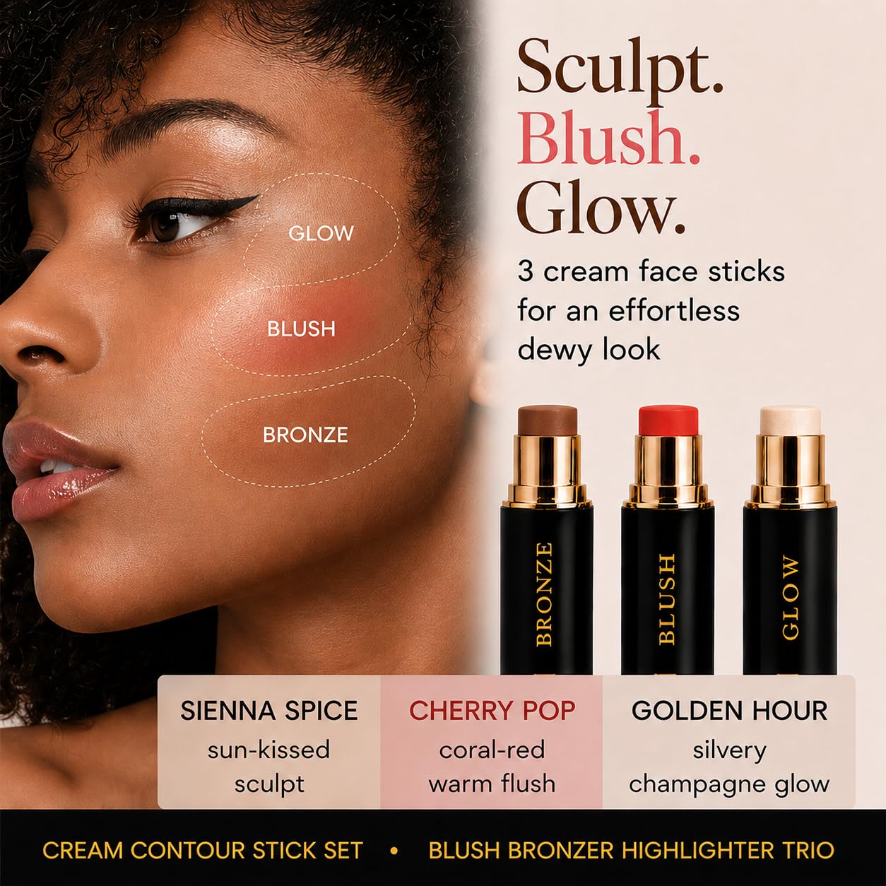 Cream Contour Stick Set – Blush, Bronzer & Highlighter Trio | Hydrating, Buildable, High-Pigment Makeup with Shea Butter & Vitamin E | Phoenix Beauty Gift Set (Enchanted)