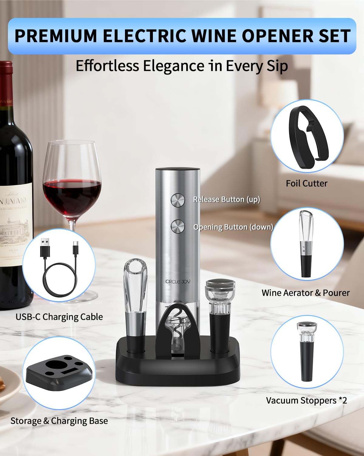 CIRCLE JOY Electric Wine Opener Rechargeable 5-in-1 Stainless Steel Wine Gift Set with Foil Cutter, Wine Aerator Pourer, Wine Drip Ring & Vacuum Stopper, Ideal Gifts for Wine Lovers, Silver