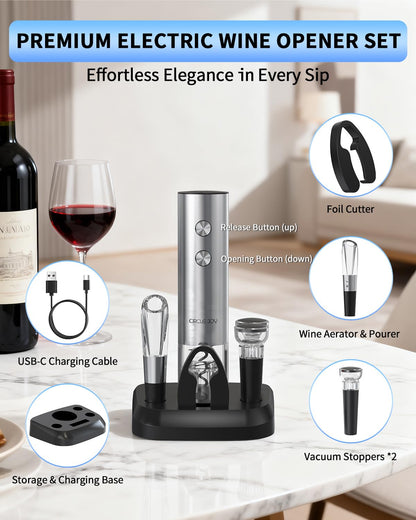 CIRCLE JOY Electric Wine Opener Rechargeable 5-in-1 Stainless Steel Wine Gift Set with Foil Cutter, Wine Aerator Pourer, Wine Drip Ring & Vacuum Stopper, Ideal Gifts for Wine Lovers, Silver