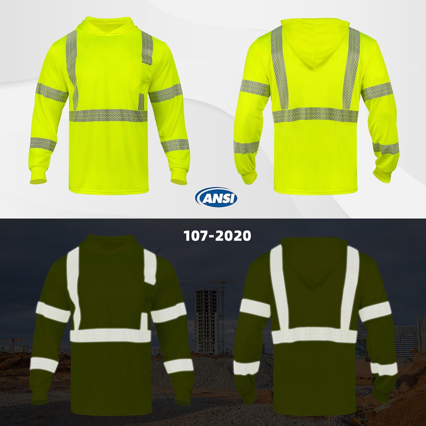 High Visibility Hoodies for Men,Safety Reflective Long Sleeve ANSI Class 3 Hi Vis Construction Work Shirts with Hood