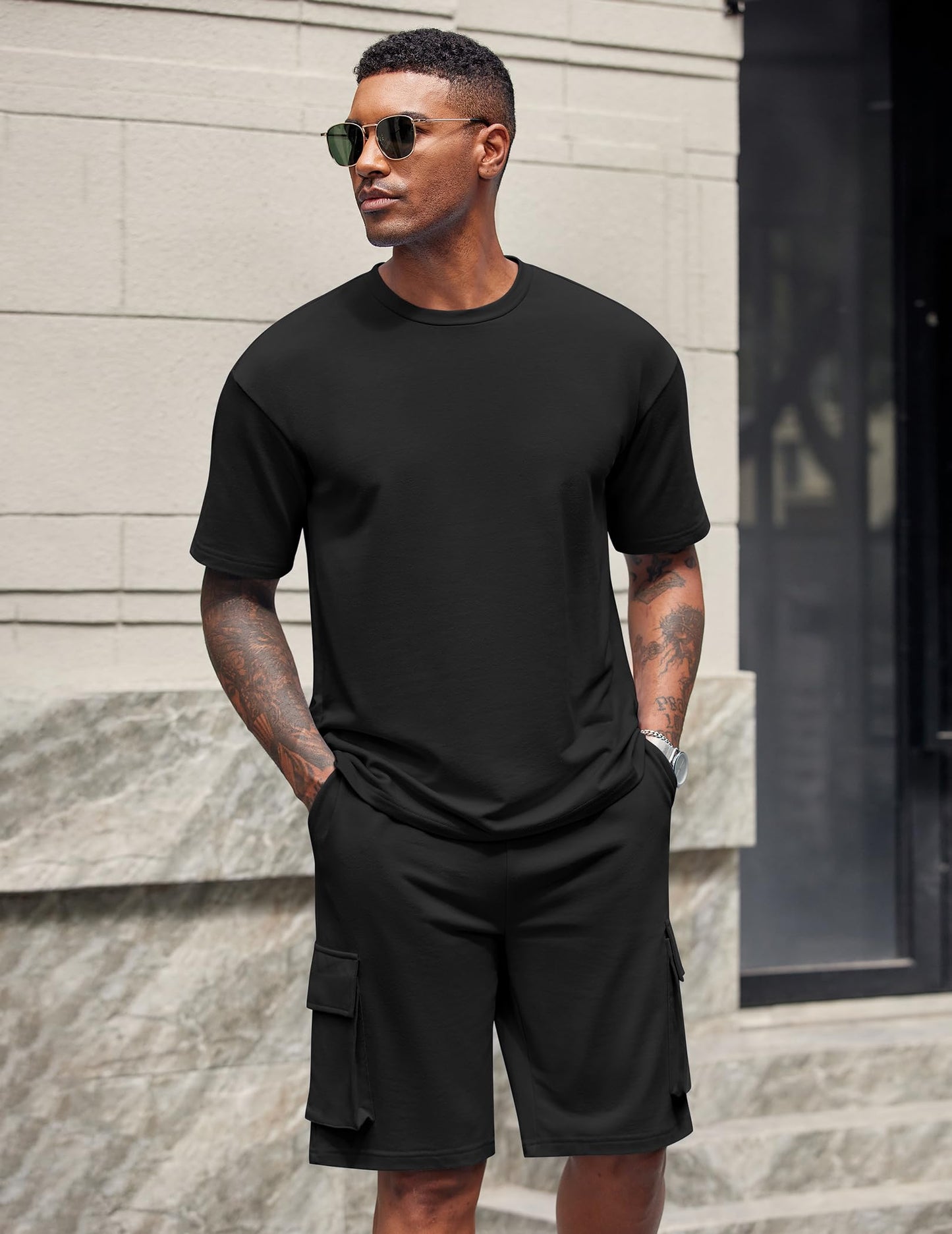 COOFANDY Men's Shirt and Shorts Set 2 Piece Fashion Summer Tracksuits Cotton Oversized T-Shirts Cargo Shorts Outfits