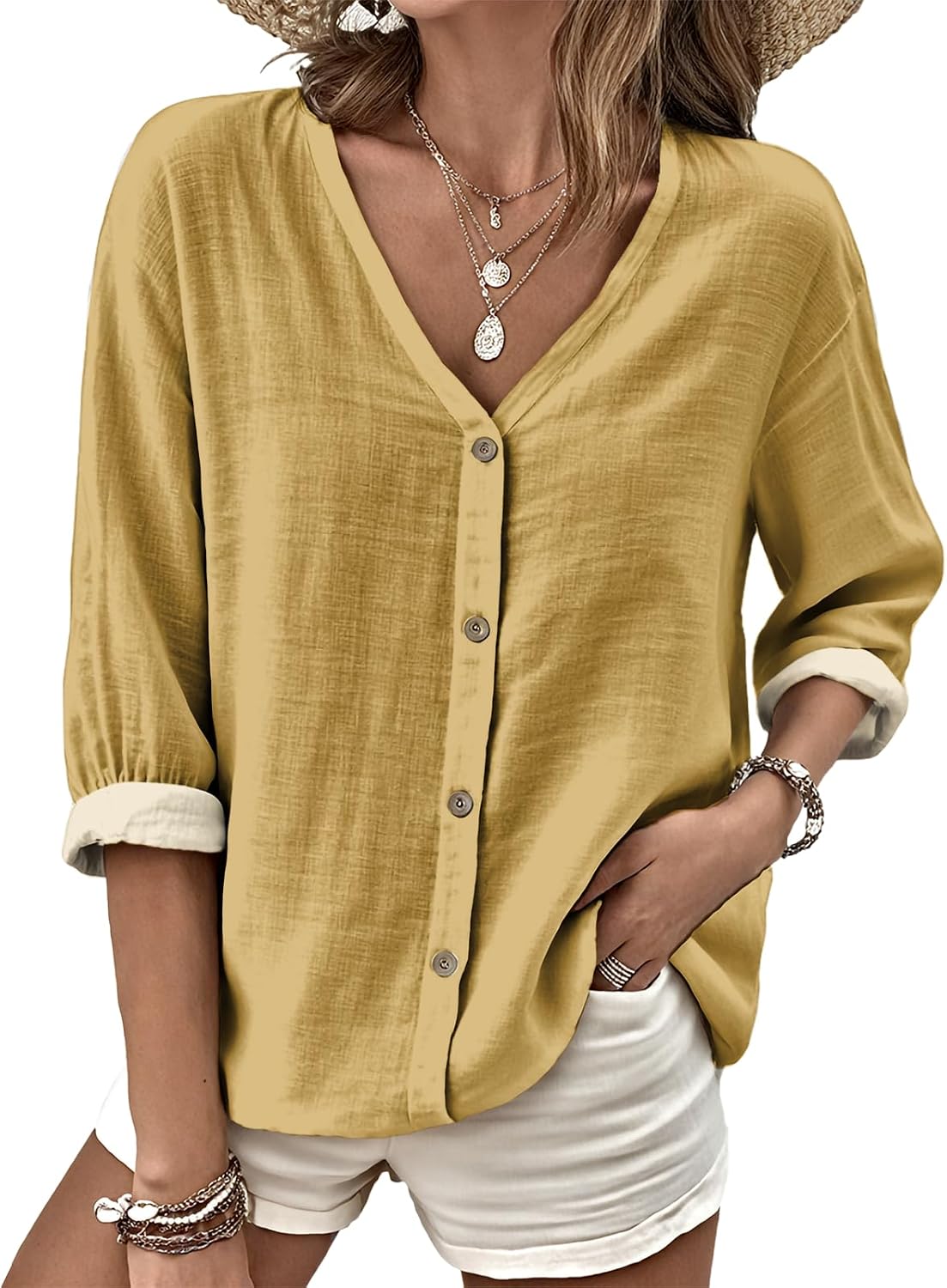 MARSVOVO V Neck Shirts for Women Lightweight Decorative Button 3/4 Sleeve Blouses Comfy Casual Business Flowy Top