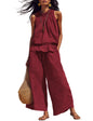 Tanming Women's Linen 2 Piece Outfits Sleeveless Ruffle Top Wide Leg Pants Summer Loungewear Beach Travel Sets
