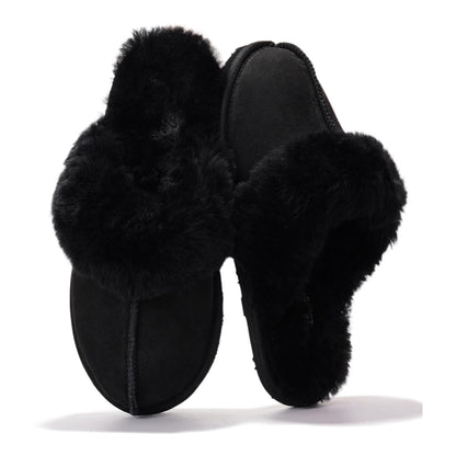 Project Cloud Genuine Leather Slippers for Women with Genuine Fur Lining, Non-Slip Indoor/Outdoor Clog Mule Slippers, Memory Foam Insole
