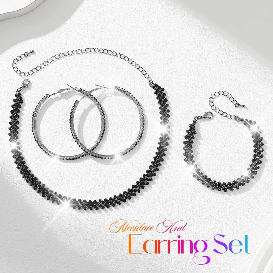 Unicra Black Jewelry Sets Rhinestone Necklace Hoop Earrings Bracelet Set Prom Formal Sparkly Costume Jewelry Sets for Women