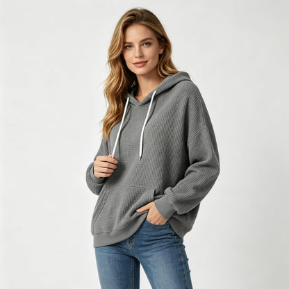 Women Casual Waffle Grid Textured Pullover Hoodie Contrast Drawstring Pocket Loose Long Sleeve Sweatshirts
