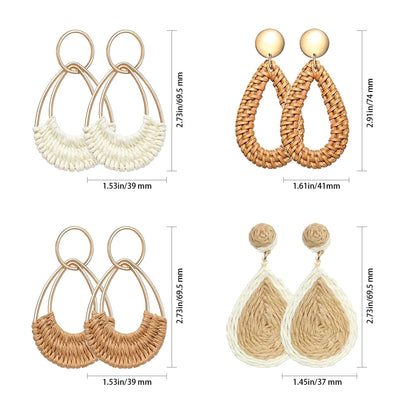 4 Pairs Handmade Raffia Rattan Bohemian Round Drop Dangle Earrings for Women, Boho Statement Cute Fun Hoop Earrings Set