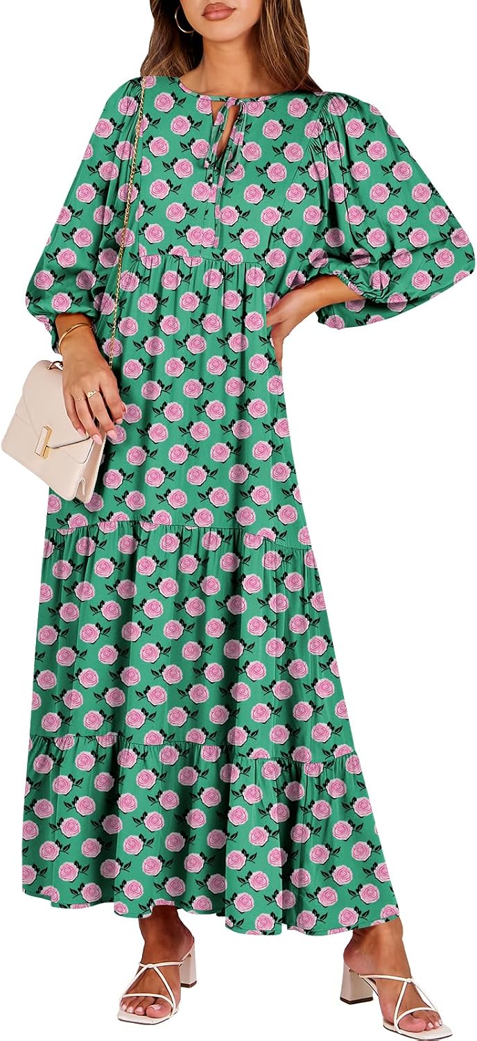 ANRABESS Womens Boho Floral 3/4 Puff Sleeve Maxi Dress | Tiered Flowy Loose Fit, Comfy Soft Rayon Fabric, Wedding Guest Church Beach, Modest Elegant, Spring Summer Fall Outfits