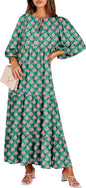 ANRABESS Womens Boho Floral 3/4 Puff Sleeve Maxi Dress | Tiered Flowy Loose Fit, Comfy Soft Rayon Fabric, Wedding Guest Church Beach, Modest Elegant, Spring Summer Fall Outfits