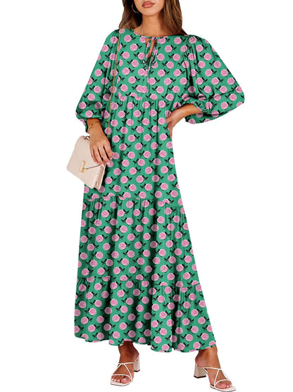 ANRABESS Womens Boho Floral 3/4 Puff Sleeve Maxi Dress | Tiered Flowy Loose Fit, Comfy Soft Rayon Fabric, Wedding Guest Church Beach, Modest Elegant, Spring Summer Fall Outfits