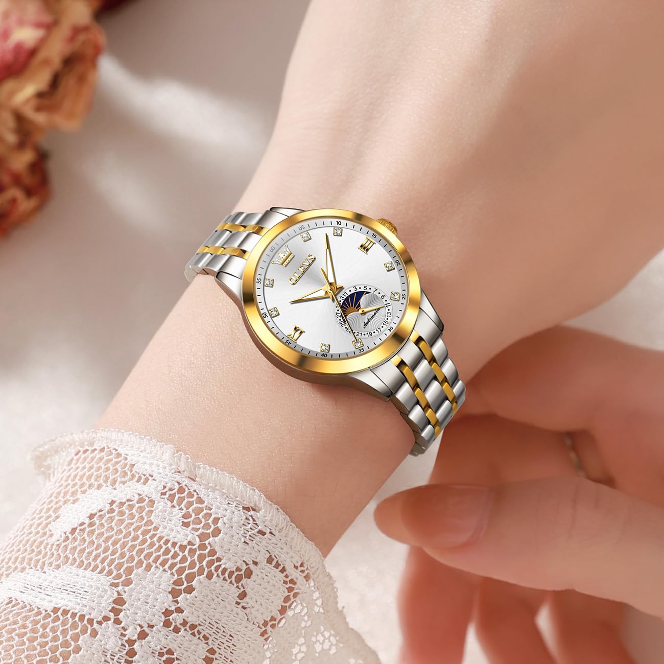 OLEVS Womens Automatic Watches Gold Classic Diamond Ladies Self Winding Mechanical Two Tone Stainless Steel Wrist Watch Date
