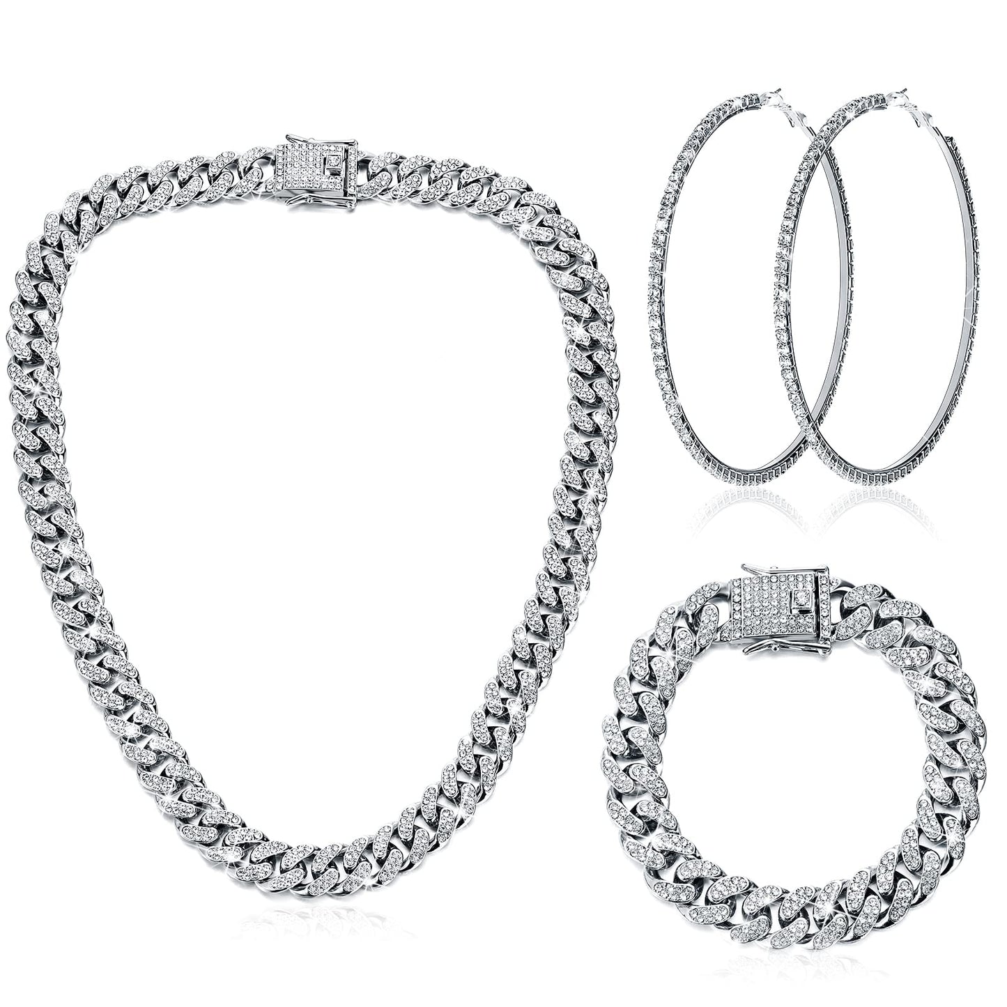 Batiyeer 3 Pcs Cuban Link Chain Necklace Bracelet Rhinestone Hoop Earrings Bling Crystal Hip Hop Jewelry for Women(18 Inch,Gold)