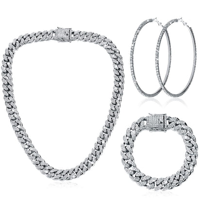 Batiyeer 3 Pcs Cuban Link Chain Necklace Bracelet Rhinestone Hoop Earrings Bling Crystal Hip Hop Jewelry for Women(18 Inch,Gold)