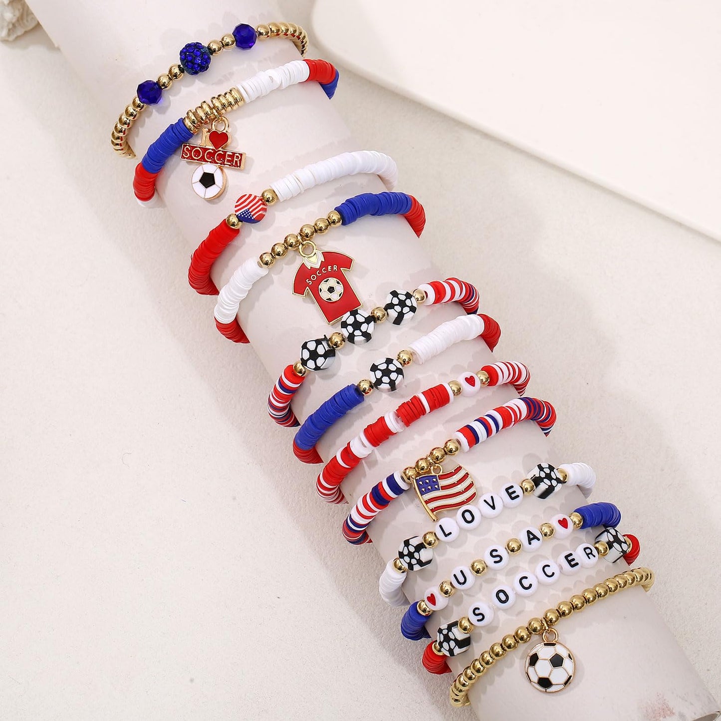 Spiritlele 12pcs World Cup Bracelets Set Red White Blue Clay Bead Wristband Stackable USA Soccer Charm Stretch Bracelet For Women Football Sports Fans Jewelry Gift