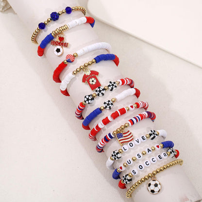 Spiritlele 12pcs World Cup Bracelets Set Red White Blue Clay Bead Wristband Stackable USA Soccer Charm Stretch Bracelet For Women Football Sports Fans Jewelry Gift