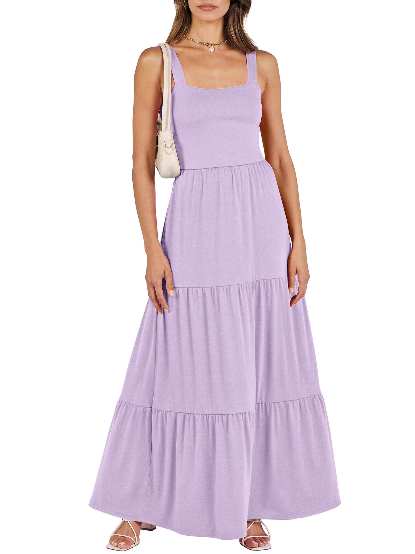 ANRABESS Women's Summer Casual Long Maxi Beach Vacation Dresses Sleeveless Square Neck Flowy Tiered Sun Dress with Pockets