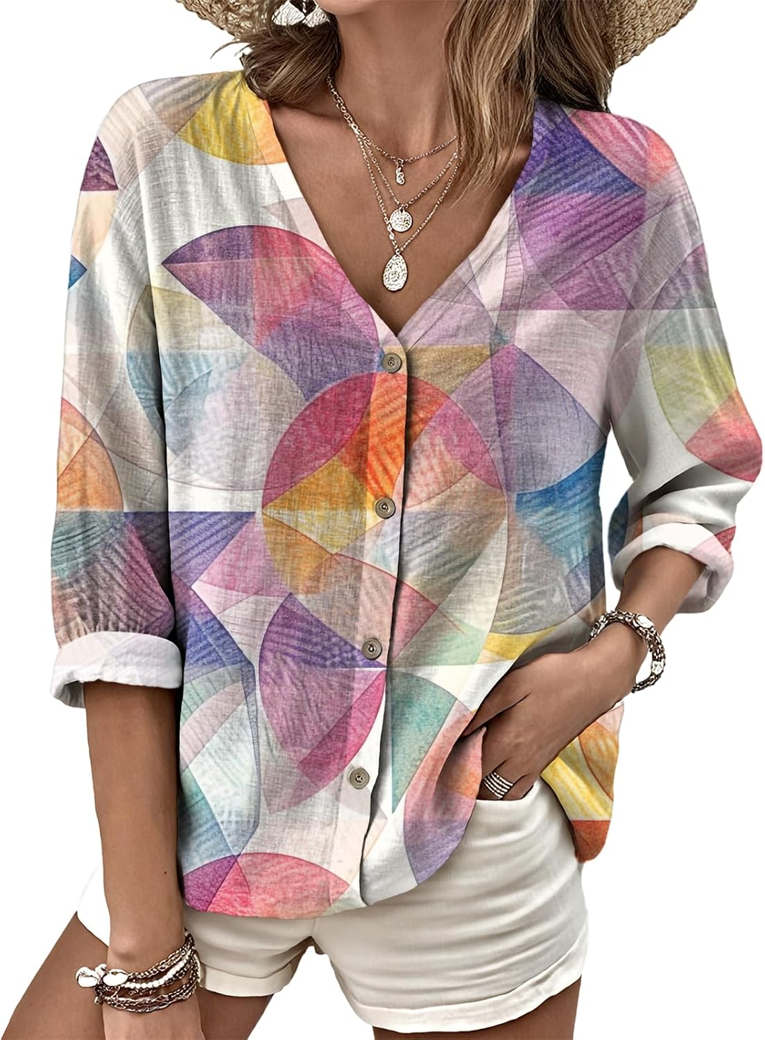 MARSVOVO V Neck Shirts for Women Lightweight Decorative Button 3/4 Sleeve Blouses Comfy Casual Business Flowy Top