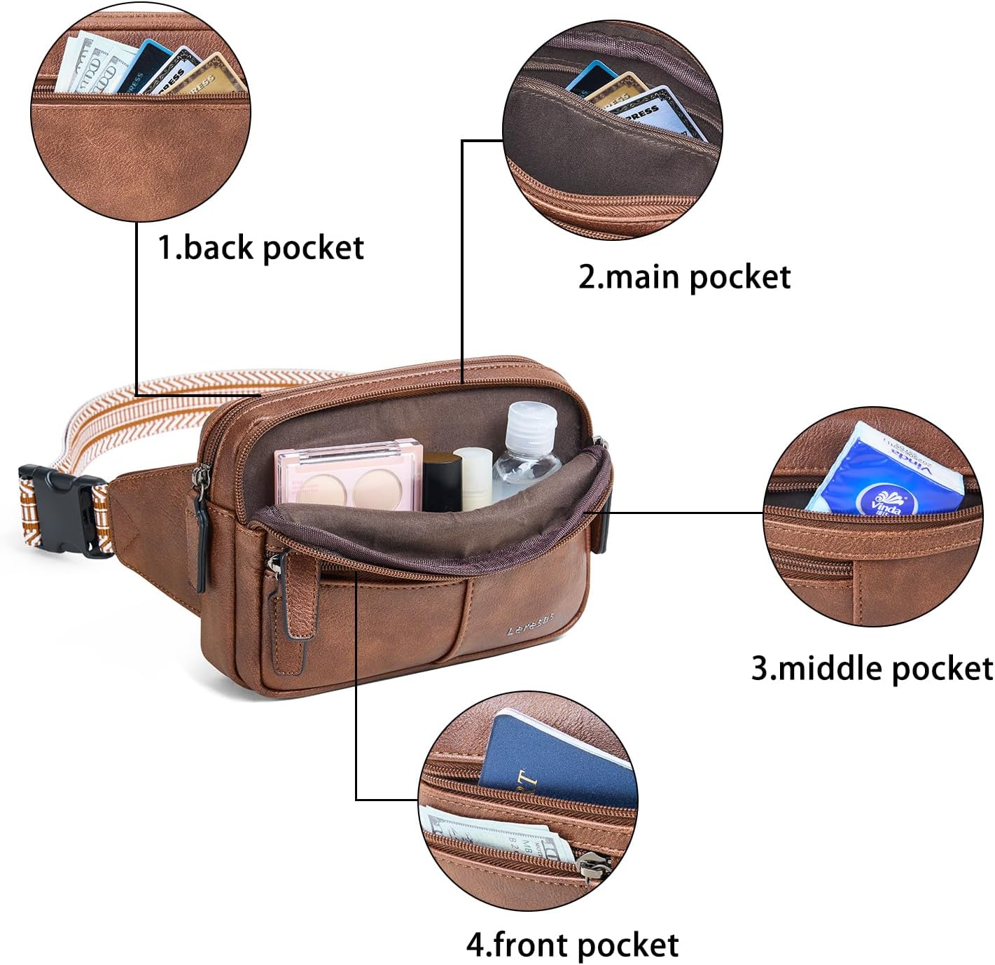 Leresas Fanny Packs for Women Vegan Leather Belt Bag Chic Cross Body Waist Pack Waist Purse for Travel Hiking Running Brown