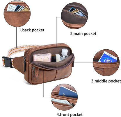 Leresas Fanny Packs for Women Vegan Leather Belt Bag Chic Cross Body Waist Pack Waist Purse for Travel Hiking Running Brown