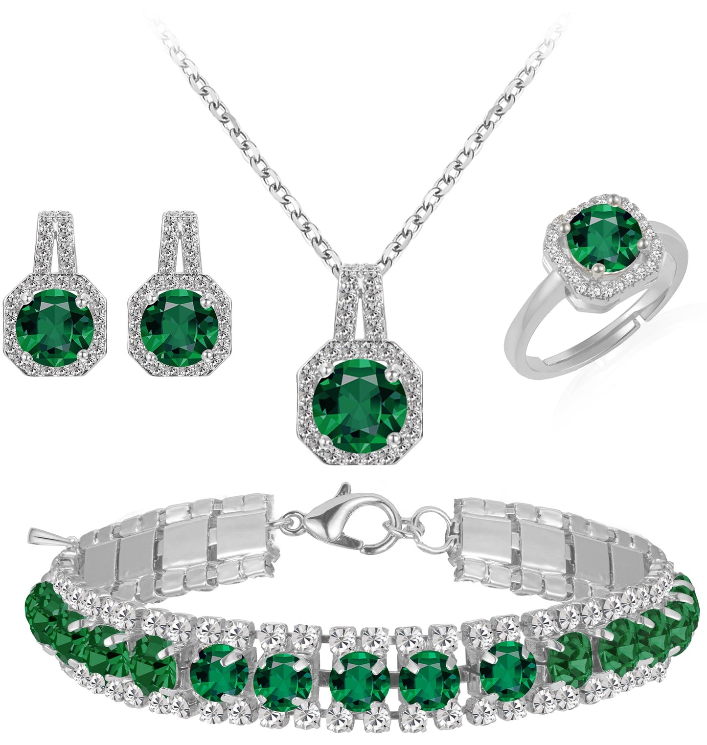 Paxuan 4pcs Cubic Zirconia Wedding Jewelry Sets for Bride Bridesmaid Cubic Zirconia Pendant Necklace Earrings Link Tennis Bracelet Open Ring Set for Women