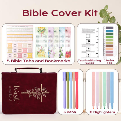 XKDOUS 20 Pcs Bible Case Set with Tabs, Pens, Study Supplies Carrier Holder Portable Men's Bible Bag Church Book Leather Cover Father Day Christian Gift for Dad, Mom, Men, Women