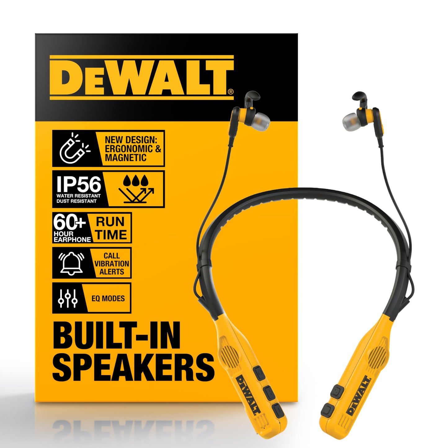DEWALT Heavy Duty Black Edition 2-in-1 Neckband Bluetooth Headphones w/Built-in Speakers, Jobsite Wearable Speaker & Around Neck, Wireless Headset, 60+ Hrs Hands-Free Music & Calls, Carry Pouch