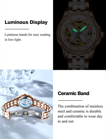 OLEVS Womens Automatic Watch, Premium Large Face Diamond Accented Self Winding Watches for Women, Fashion Waterproof Ladies Dress Watch, Two Tone Stainless Steel Ceramic Bracelet