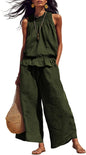 Tanming Women's Linen 2 Piece Outfits Sleeveless Ruffle Top Wide Leg Pants Summer Loungewear Beach Travel Sets