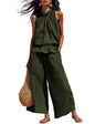 Tanming Women's Linen 2 Piece Outfits Sleeveless Ruffle Top Wide Leg Pants Summer Loungewear Beach Travel Sets