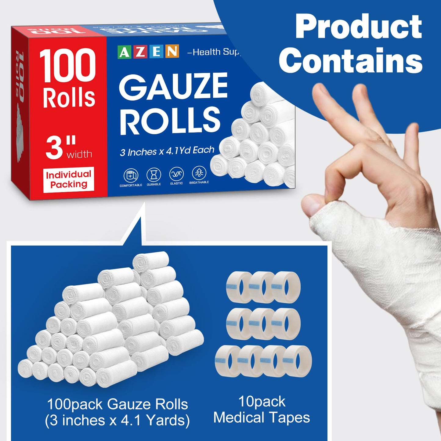 AZEN 25 Pack Gauze Rolls Bandages, 3 in x 4.1 Yards, Premium Medical Supplies & First Aid Supplies, Bandage Wrap Vet Wrap, Mummy Wraps