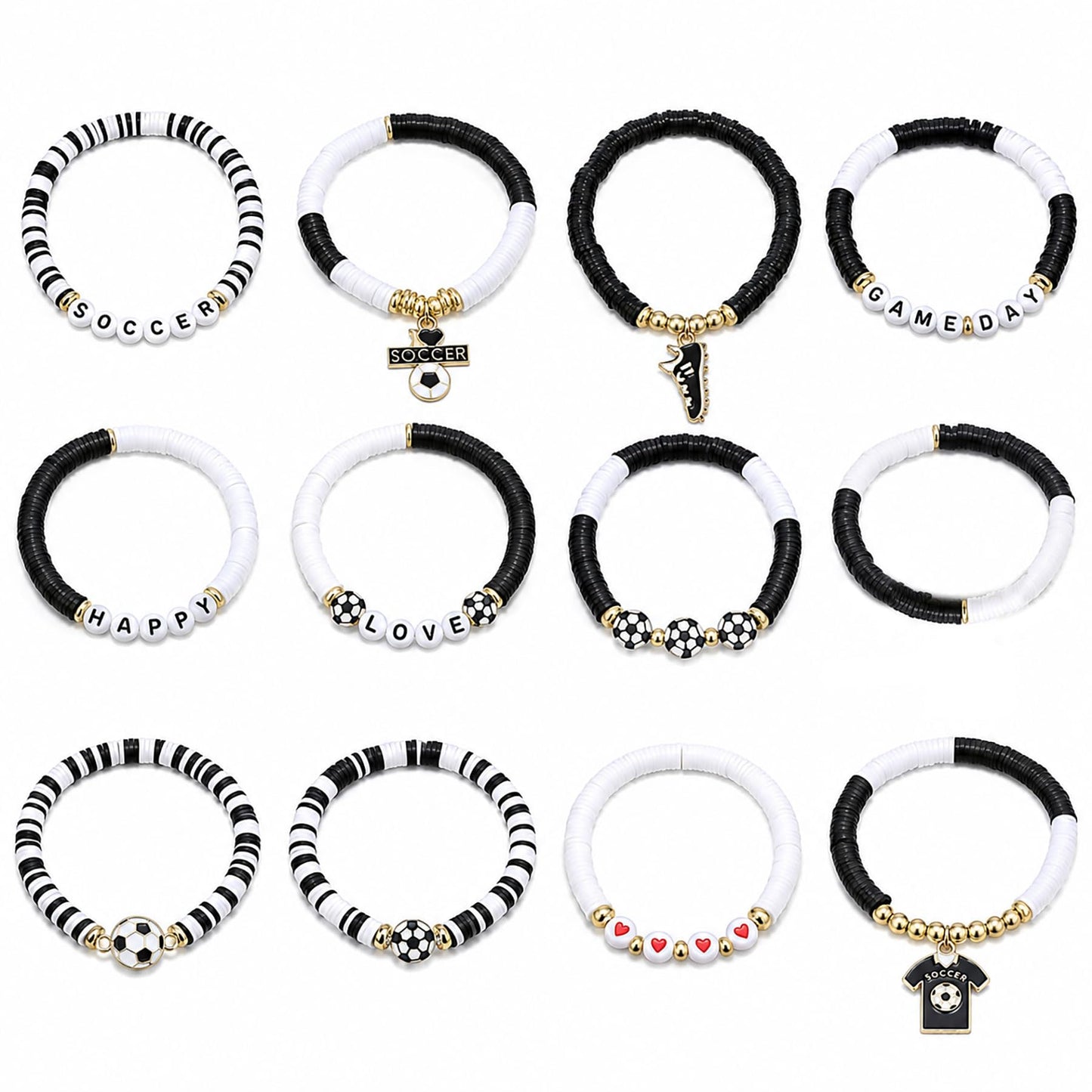 Spiritlele 12pcs World Cup Bracelets Set Red White Blue Clay Bead Wristband Stackable USA Soccer Charm Stretch Bracelet For Women Football Sports Fans Jewelry Gift