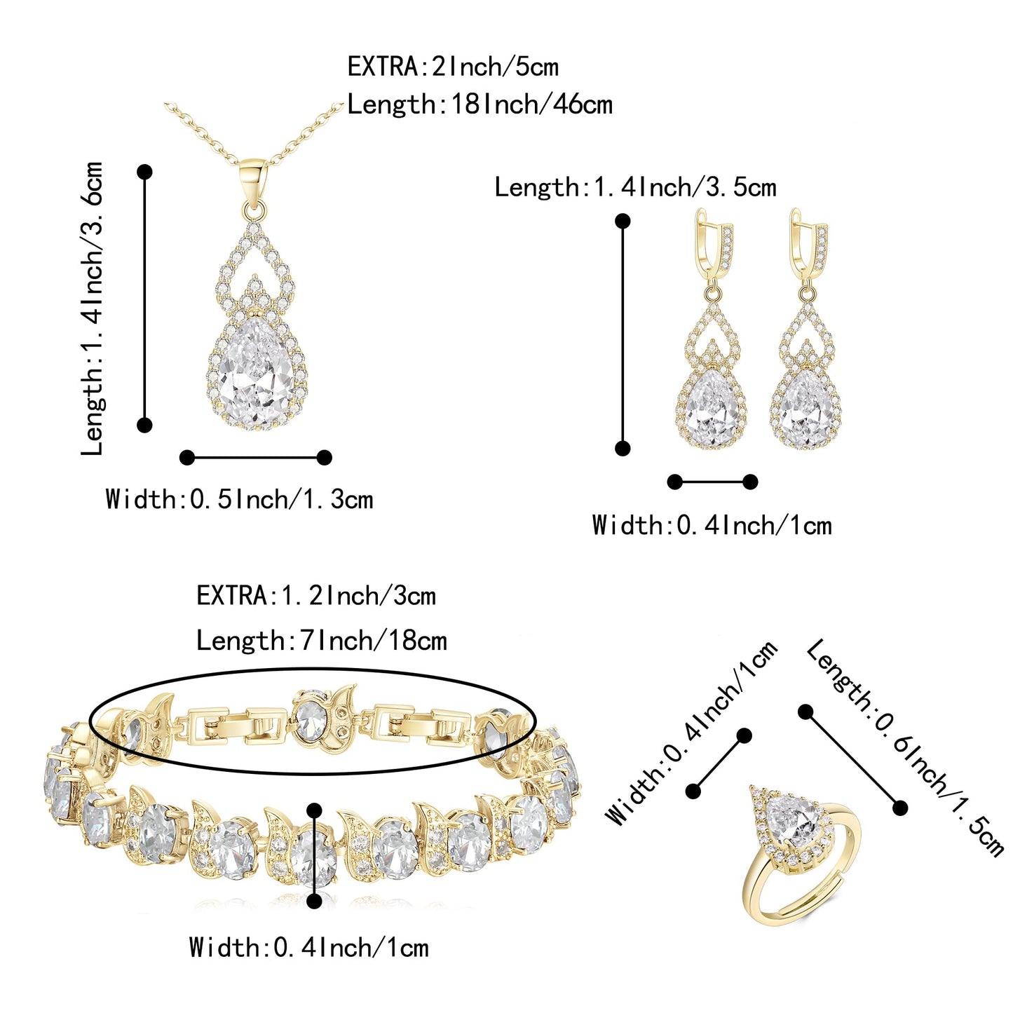 BriLove Wedding Jewelry Set for Women Bride Bridesmaid | Gorgeous Cubic Zirconia Teardrop Necklace Earrings Bracelet Adjustable Ring Jewelry Gift for Birthday/Anniversary