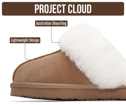 Project Cloud Genuine Leather Slippers for Women with Genuine Fur Lining, Non-Slip Indoor/Outdoor Clog Mule Slippers, Memory Foam Insole