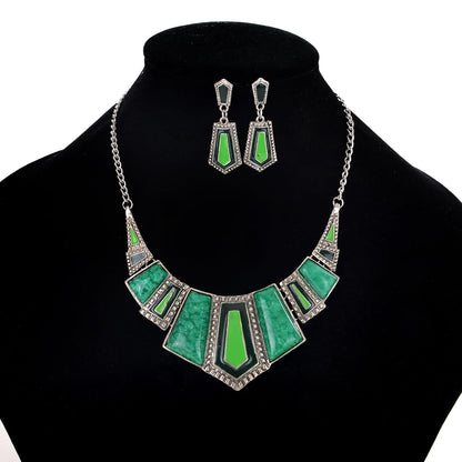 YAZILIND Vintage Ethnic Tibetan Silver Irregular Rhinestone Bib Collar Earrings Necklace Jewelry Set