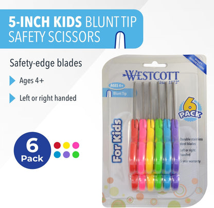 Westcott 16454 Right- and Left-Handed Scissors, Kids' Scissors, Back to School, Classroom Supplies, Ages 4-8, 5-Inch Blunt Tip, Assorted, 6 Pack