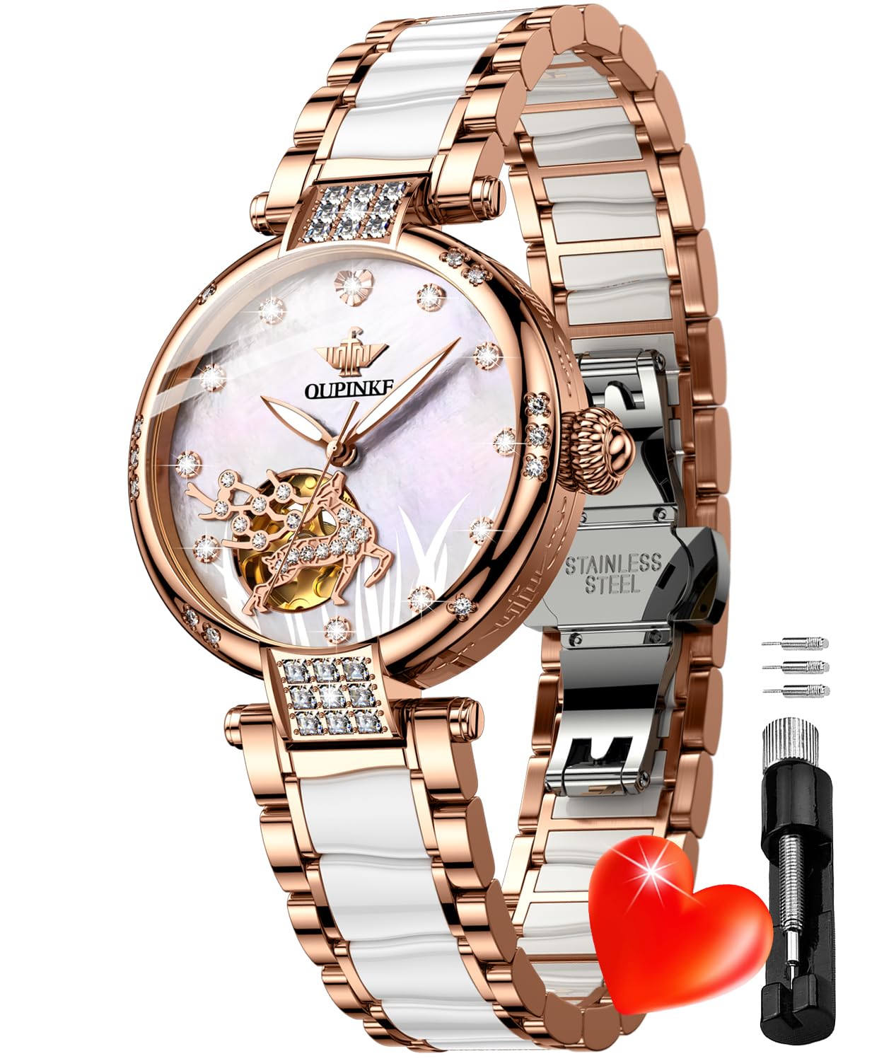 OLEVS Womens Automatic Watches Gold Classic Diamond Ladies Self Winding Mechanical Two Tone Stainless Steel Wrist Watch Date