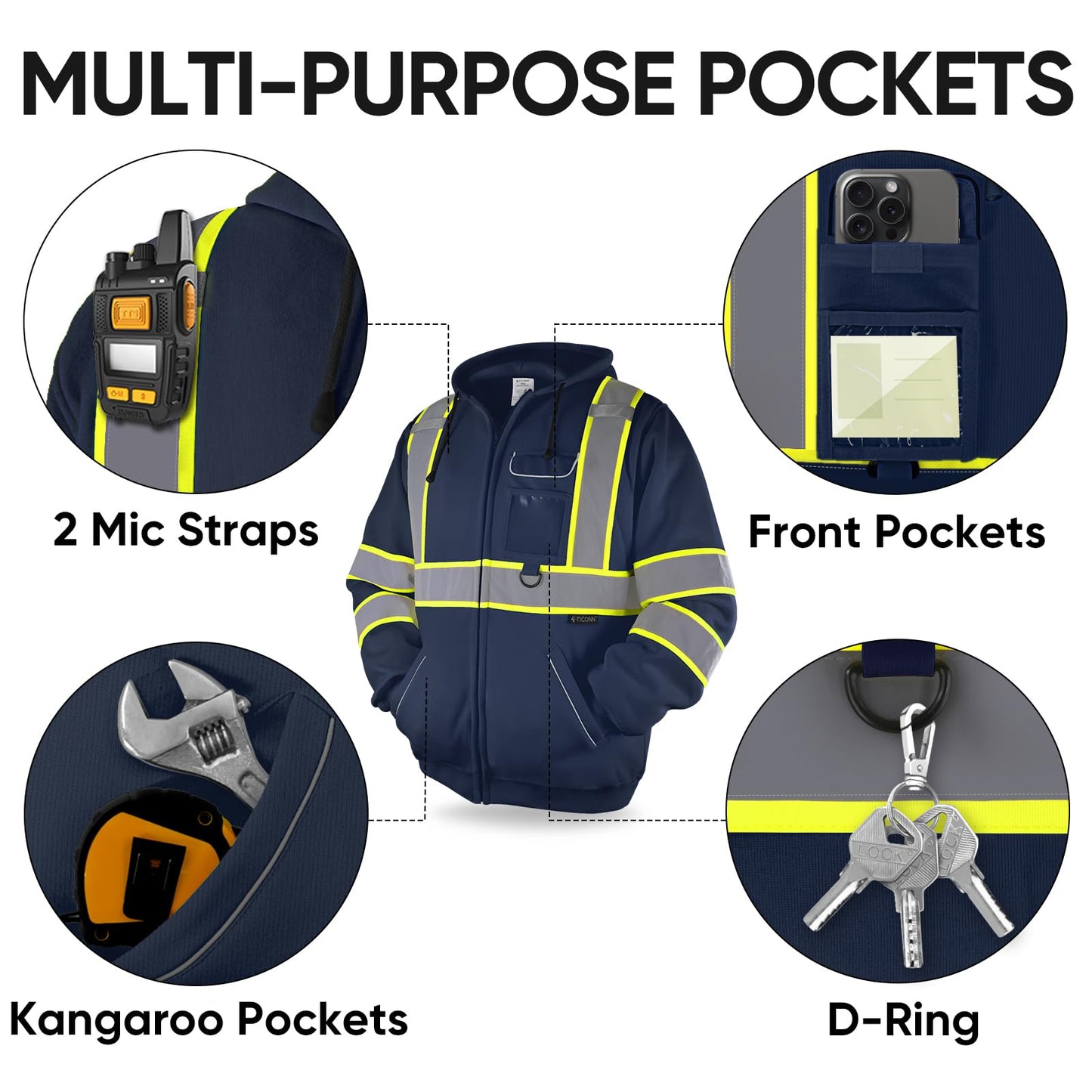 TICONN Safety Hoodie Jacket, High Vis Reflective Safety Fleece Hoodie, PPE Gear for Cold Weather Meet ANSI III